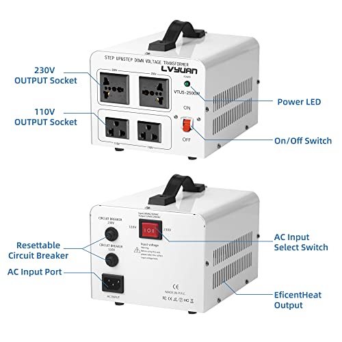 Image of LVYUAN 2500W Step Up & Down Voltage Transformer 110 /120V to 220 /240V | 4 multi-socket(2US+2Universal), resettable MCB breaker, 8-fold safety shield, pure copper toroidal coil,CE&FCC certified
