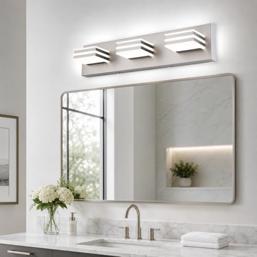 Image of 3-Light Brushed Nickel Vanity Light for Bathroom, 20 Inch 24W 5CCT Dimmable LED Fixture with Clear Acrylic Shade, Hardwired Modern Wall Light Over Mirror for Guest Bath