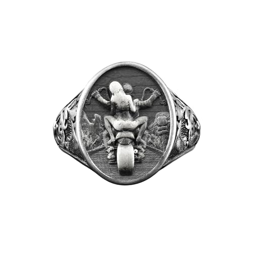 TheRollerStone - Motorcycle Art Signet Men 925K Silver Ring for Biker, Engraved Harley Davidson Oxidized Silver Ring, Motorcycle Gifts Jewelry for Boyfriend