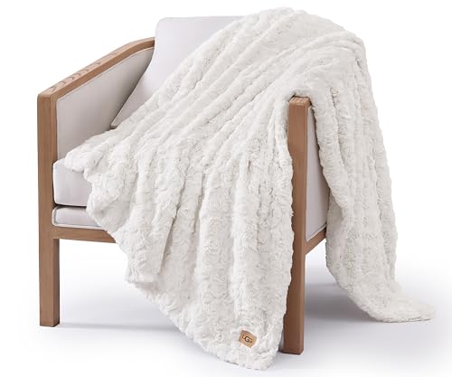 UGG Faux Fur Throw Blanket, Luxury Cozy Soft Throw for Couch, Double-Sided Soft Plush Cozy Blankets, Living Room Decor, 50-inch x 70-inch, Natural White (Adalee)