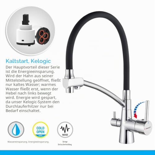 Ibergrif M22128-2 - 3 Wege Küchenarmatur, Spültischbatterie mit Schwarz Flexibler Auslauf und Brause, Wasserhahn Küche, Chrom, Silver – Ansicht 5