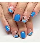 Blue Press on Nails Summer Fake Nails Short Square Nails Press ons with Designs Reusable Acrylic ...