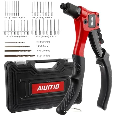 Rivet Gun, AIUITIO Pop Rivet Tool Kit with 200 Rivets and 4 Drill Bits, Manual Hand Riveter Kit with Rugged Carrying Case Cover