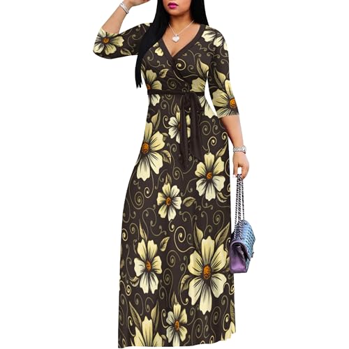 Image of PinkPatty Women's Print Maxi Dresses 3 /4 Sleeve Flowy Long Dress V Neck Wrap Tie Waist Sundress