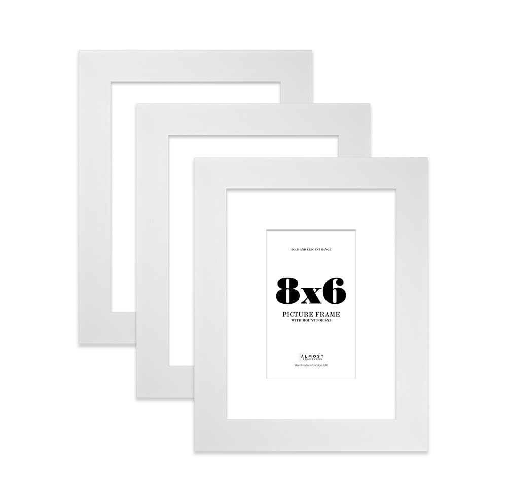 8x6" White Frame With Mount for 5x3" Pictures 28mm Edge Portrait and Landscape Display with Wall Hooks and Kickstand, 3 Pack