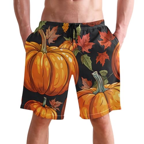 Men's Swim Trunks Quick Dry Swimming Shorts with Pocket Pumpkins Leaves on Dark Background Swimsuit Trunks