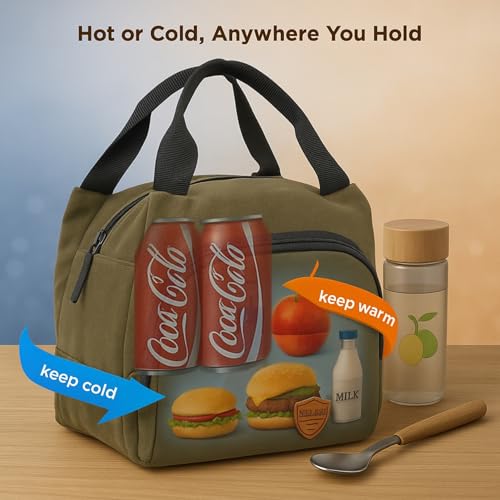 Image of Insulated Lunch Bag Pack of 2 Army Green Brown | Organic Canvas Thermal Tiffin Organizer with Bottle Spoon Holders | Waterproof Lunch Carrier for Office Picnic College Travel