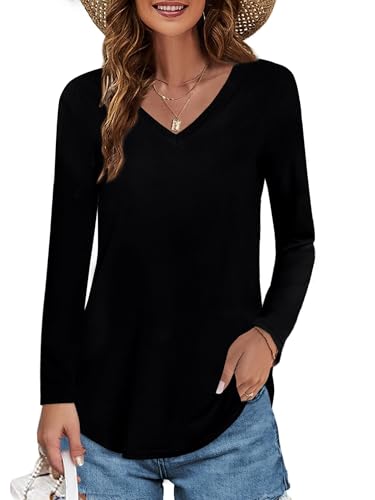 Elesomo Damen Longshirt V Ausschnitt Langarm Oberteil Casual Baumwolle...