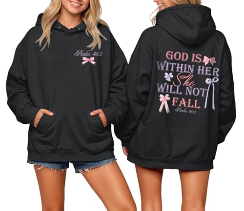 Cayxatiu God is Within Her She Will Not Fall Christian Hoodies for Women Jesus Bible Verse Hoodie Bow Hoodie(Black,XL)