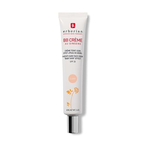 Erborian - BB Crème au Ginseng 5-en-1 - Soin Teinté Perfecteur Effet "Peau de Bébé" - Fond de Teint Couvrant Imperfections - Protection Solaire SPF 20 - Soin Cosmétique Coréen - 15ml - 40 ml (Lot de 1) - Clair