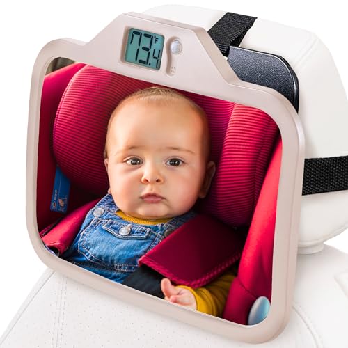 Image of Theromirror - Baby Car Mirror with Temperature Display, Rear Facing Car Seat Mirror, Newborn Essentials - Wide Angle (Beige)