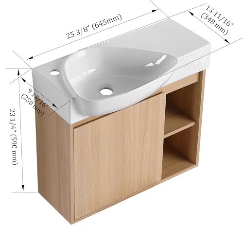 Image of 26 inch Wall Mounted Bathroom Vanity with Ceramic Sink, Modern Floating Bathroom Cabinet with Soft-Close Door & 2 Open Storage Shelves, Farmhouse Small Bath Vanity Set, Easy to Clean, Oak