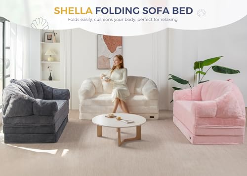 Image of MAXYOYO Folding Sofa Bed, 2 in 1 Convertible Sofa to Lounger Comfy Loveseat Bean Bag Chair for Adults, Floor Couch with Handle, Faux Fur Couch Bed for Living Room Bedroom, Beige, Loveseat