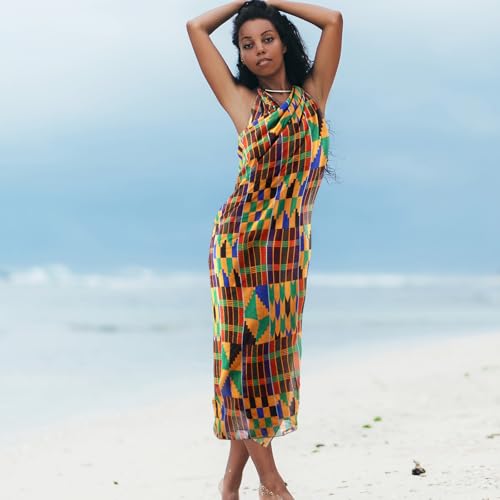 2 Pcs African Kente Cloth Women Sarong Swimsuit Coverups Beach Wrap Bathing Skirt African Sheer Bikini for Swimwear4