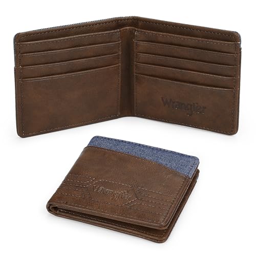 Wrangler Leather Bifold Wallet for Men Minimalist Western Wallet with Money Slot, Stylish Gift for Men, Brown
