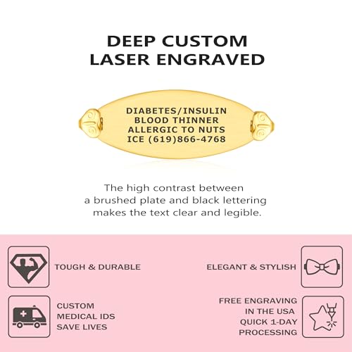 Divoti Medical Alert ID Bracelet for Women | Custom Engraved PVD Gold Filigree ID Tag with Inter-Mesh Chain | Hypoallergenic Adjustable Lobster Clasp | Emergency Identification Jewelry2