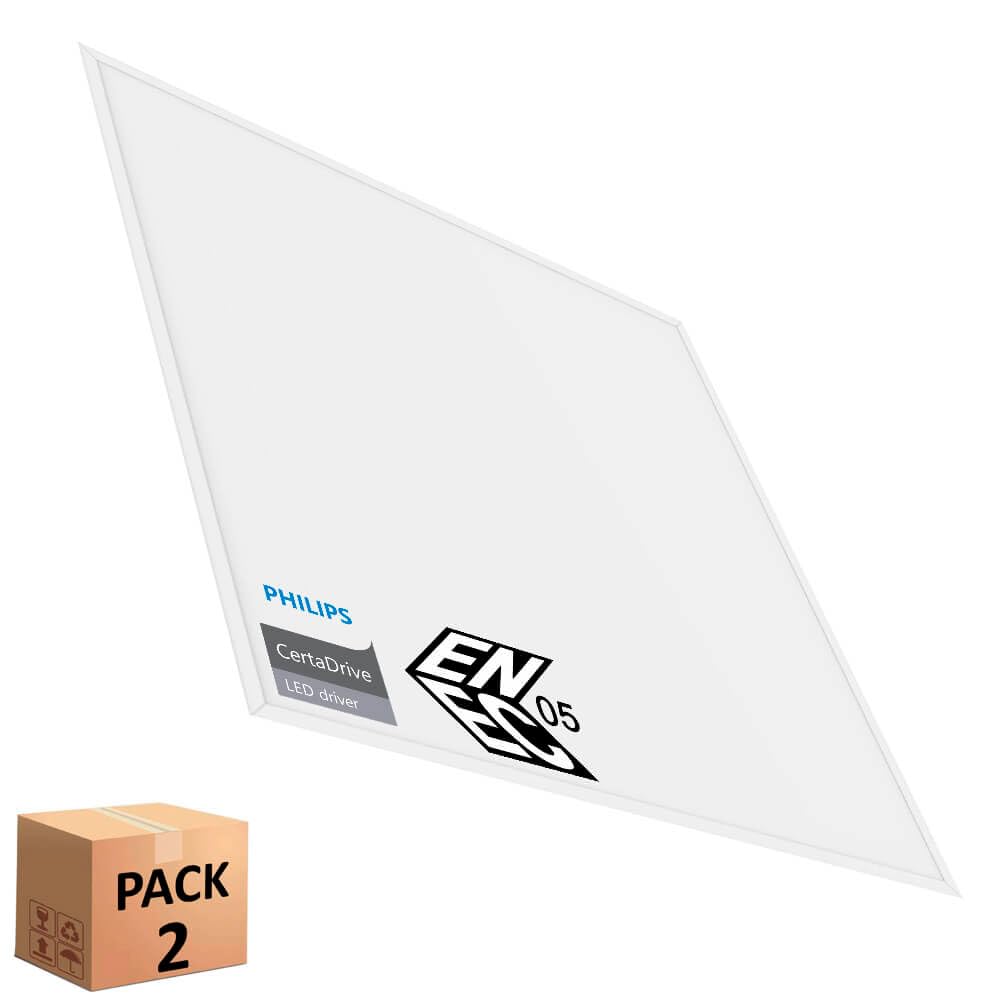 Pack Panel LED 60x60 cm 40W, 2 unidades para Falso Techo, Driver Philips CertaDrive, UGR19, Paneles de Gran Luminosidad 4380 lúmenes, No Flick, Marco Blanco, Driver Incluido (Luz Natural (4000K))