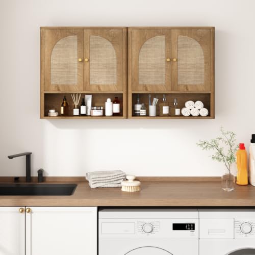 Armario de baño mural RUSTOWN de ratán con 2 puertas arqueadas y estante ajustable | Armarios de almacenamiento sobre inodoro, armario de medicamentos moderno con bordes redondeados, organización para baño estilo mid-century miniatura 5