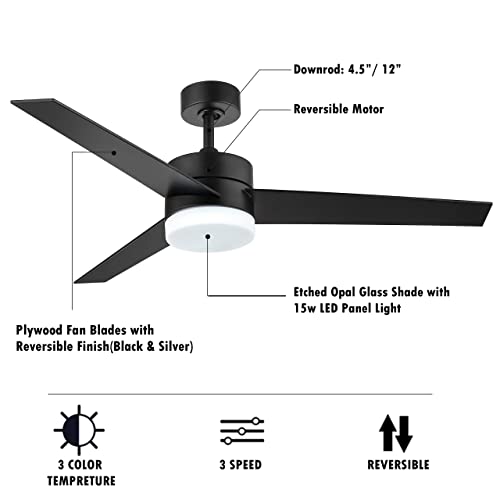 WINGBO 52" Modern Ceiling Fan with Lights and Remote Control, Contemporary Ceiling Fan Matte Black, 3 Reversible Blades, Indoor LED Ceiling Fan for Kitchen Bedroom Living Room, ETL Listed - Image 6
