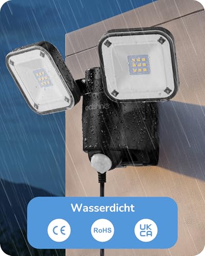 EDISHINE Batterie LED Strahler mit Bewegungsmelder Außen, Kabelloser Batteriebetriebener Außenstrahler, Verstellbare Doppelte Lampenköpfe, IP44 Wasserdicht, 800 Lumen, 6000K für Garage, Hof