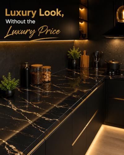 Image of Black Marble Self Adhesive Wallpaper, Gold Vein Design, Peel and Stick Vinyl Contact Paper for Kitchen Countertop, Cabinet & Wall Covering (60 x 200 cm)