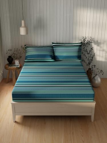 Image of KOPA Extra Smooth Cotton Double Bedsheet with 2 Pillow Covers -3pc Set (Lopez) Stripe-Teal /Blue