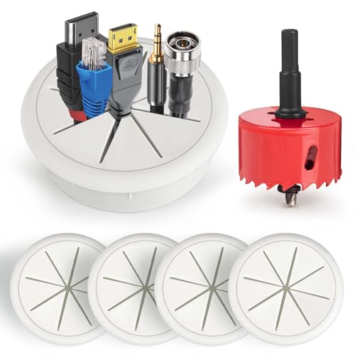 6Pcs TV Cord Hider for Wall Mounted TV 2.36in (60mm) TV Wire Hider Cable Grommet Cable Hole Cover with Hole Saw Drill Attachment, in Wall Cable Management Kit for Office and Home Table Cable