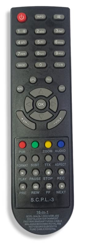 Ehop 16 in 1 Set Top Box Remote Control Compatible for SCPL-3 ACN-1 DDC3 DIGITALA Entertainment FASTWAY Radiant VASAI Cable MALANAD BHOOMIKA Royal DB-JEE NETVISION3 SUBODHYA PUNE Cable
