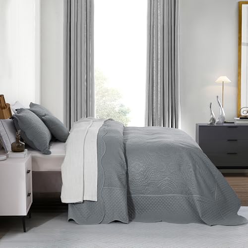 Image of HZ & HY Oversized King Bedspread, Embossed Damask Quilt Set King /Cal King, Lightweight Reversible Coverlet, Scalloped Edge - Modern Classic Look, 5 Piece, Grey