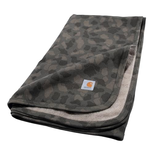 Image of Carhartt Firm Duck Sherpa-Lined Throw Blanket, Reversible Pet Blanket With Water Repellent Coating, Tarmac Duck Camo