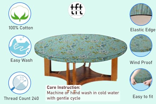 Image of The Furnishing Tree Elastic Cotton Round Center Table Cover 24x24 in Inches Floral Golden Leaf on Blue Base
