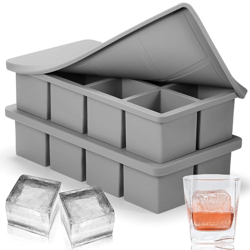 Image of Large Ice Cube Tray for Whiskey: Silicone Ice Cube Trays with Lid - 2Pack Big Square Old Fashioned Ice Cube Maker for Cocktail - 2inch Huge Cubed Ice Trays for Whisky (Grey-8 Grid)