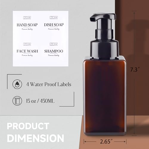 ZEJIA 15OZ Foaming Soap Dispenser, 2-Pack Plastic Hand Soap Dispenser, Refillable Leakproof Foam Pump Bottle with Waterproof Labels, for Shampoo, Body Wash2