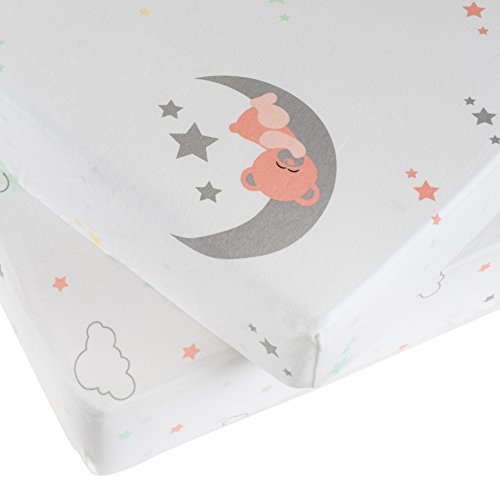 Three Tulips Crib Sheet, Fitted 100% Organic Jersey Cotton Knit 2 Pack Set - Stars, Clouds, Bears and Moons, Gift Box