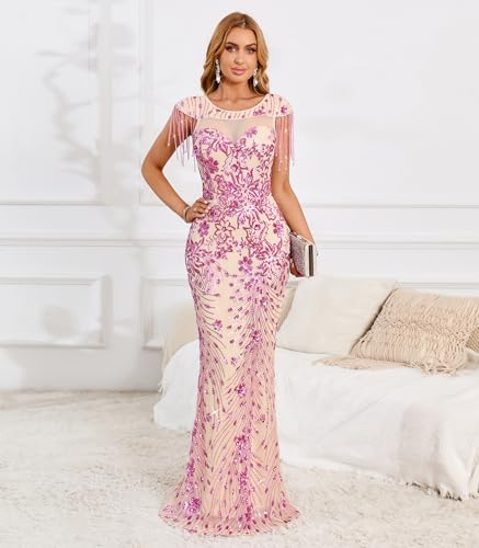 Image of Cololura Women Sexy Sequin Mesh Perspective Bodycon Party Cocktail Evening Gown Maxi Dress