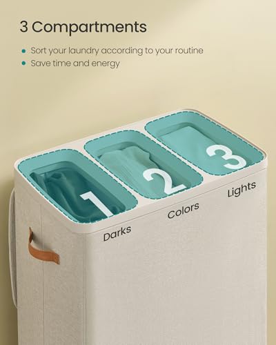 Image of SONGMICS Laundry Basket, 50.2 Gal. Laundry Hamper, 3 Compartments, Easy Assembly, with Lid and Handles, Removable Liners, 25.2 x 15.7 x 29.5 Inches, Cappuccino Beige ULCB814LH01