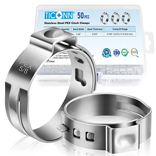 TICONN 50PCS 5/8' PEX Clinch Clamps, 304 Stainless Steel PEX Clamp Rings for PEX Pipe Tubing Connection (5/8')