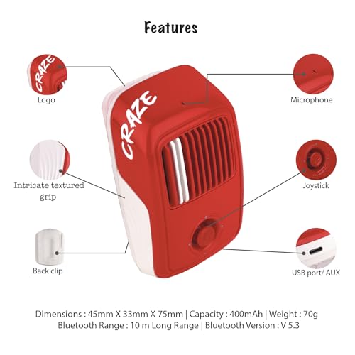 Image of Arctic Fox Craze MP3 Music Bluetooth Speaker |Super Compact, Robust Sound|3W RMS|in-Built Mic with Voice Assistance|Upto 6 Hrs Playtime|Save 100+ MP3 Songs |Type C Charging (Red)