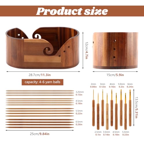 Image of DIY Yarn Bowl Set, with Crochet Hook and Sew Needles Wooden Yarn Bowls for Knitting and Crochet, Large Crochet Yarn Holder Bowl(Brown)