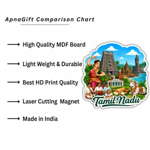 Image of Apna Gift Tamil Nadu Theme Souvenir Wooden Fridge Magnet for Refrigerator - Printed Fridge Magnet for Kitchen & Fridge Decor | Perfect Souvenir Gift | Fridge Decoration | Size 3x3 Inches | Pack of 1