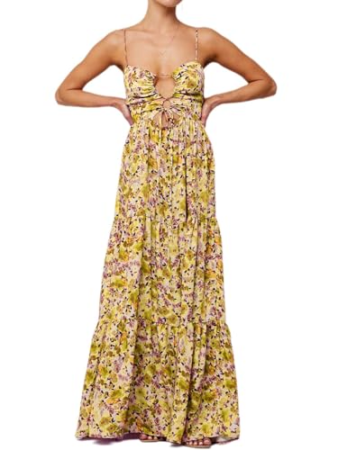 Image of Womens Summer Floral Spaghetti Strap Backless Low Cut Smocked Milkmaid Flowy Beach Sundresses