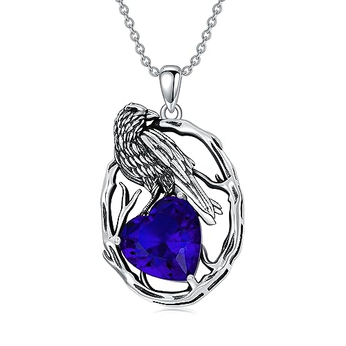 LONAGO Raven Necklace 925 Sterling Silver Crow Raven with Birthstone Pendant Necklace for Women