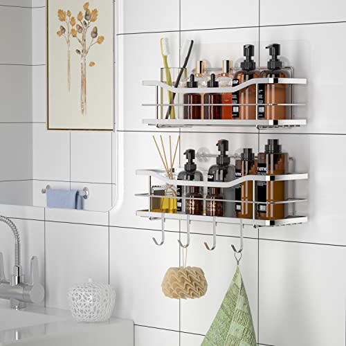 Eagmak Shower Caddy With Hooks Of 4, No Drilling Adhesive Shower Shelf Wall Mounted Shampoo Holder, Sus304 Stainless Steel Shower Storage Organizer For Bathroom, Toilet And Kitchen- 2 Pack (Silver) #TOP1