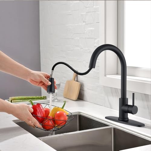 Image of Kitchen Faucet with Pull Down Sprayer Multitask Mode Single Handle High Arc Pull Out Kitchen Sink Faucet Offers Efficient Cleaning for RV (Black)