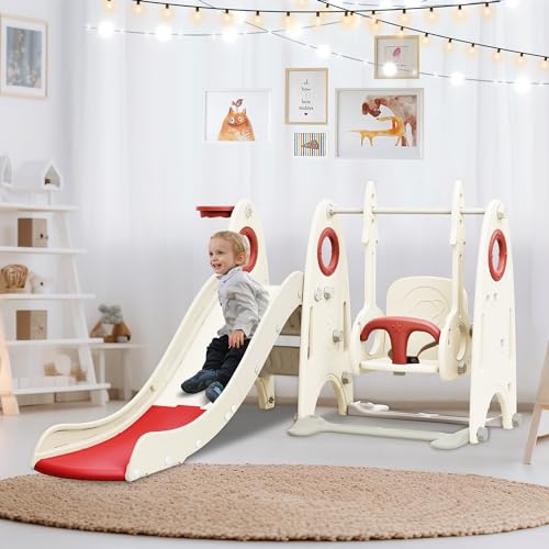 Image of Merax 4-in-1 Baby Slide and Swing Set, Indoor Kids Slide with Basketball Hoop, Climber & Swing, Outdoor Playground Slide for Toddler Playset (Red & White)