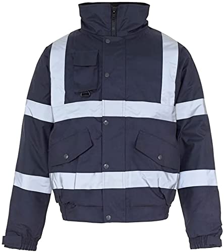 H&F Girl ®Men’s Hi Viz Contractor Bomber Jacket Two Tone Patched Waterproof Storm Jacket Safety Workwear Security Wear Visibility Reflective Tape Warm Work Wear 300D Oxford PU Fabric Jacket Size S-3XL (Small, Navy Blue)