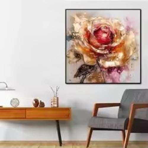 Peinture à l'huile florale abstraite, affiche rose dorée blanche, art mural fleur salon 70x70 - 2