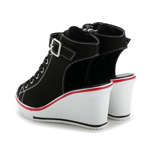 Image of OCHENTA Women's Peep Toe Wedge Sneakers Canvas Platform Shoes Side Zipper Lace up Buckle Fashion Sneakers Walking Shoes