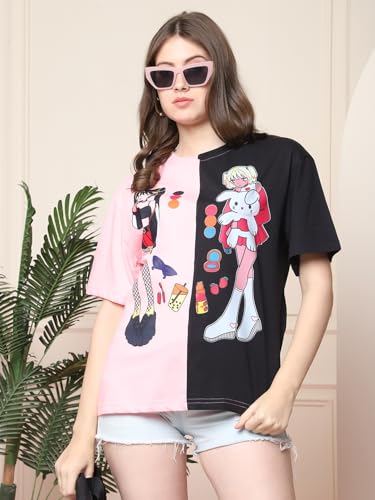 Image of Style Go Pure Cotton Oversized Baggy Fit Drop Shoulder Aesthetic & Cool Graphic Printed Half Sleeve Tshirt for Women || Trendy Tees || Casual Loose Korean T-Shirt (Pack 2)