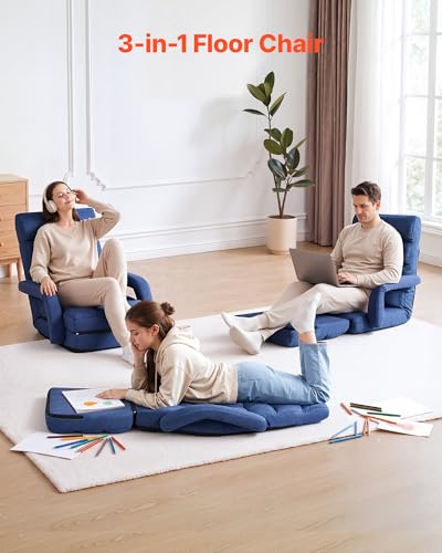 Image of VEVOR Floor Chair, 5 Adjustable Positions Folding Floor Gaming Chair with Back Support, Armrests, and Cushion, Sturdy Metal Frame with Recycled Foam and Linen Fabric, for Reading, Relaxing, Dark Blue